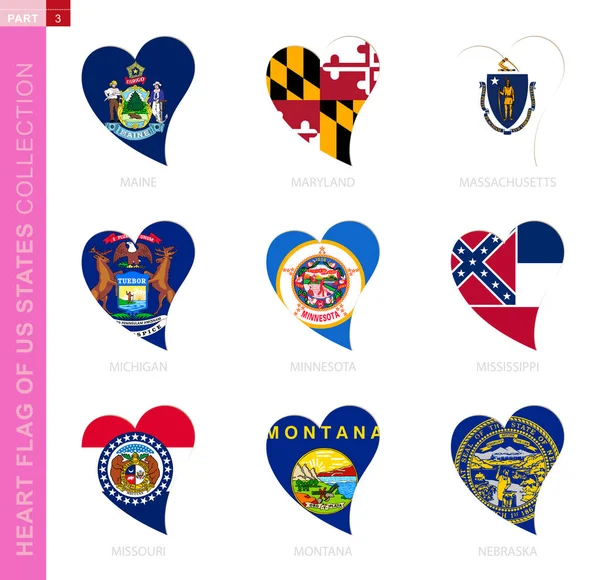 Colección de banderas de Estados Unidos en forma de corazón . — Vector de stock