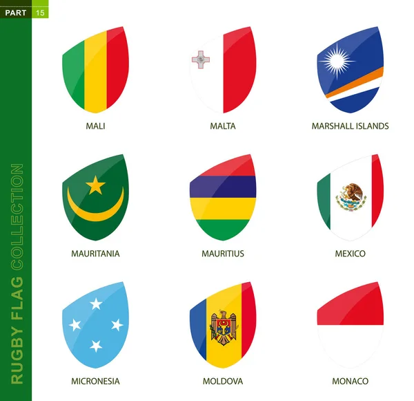 Kolekce vlajky ragby. Ragby ikona s vlajkou 9 zemí. — Stockový vektor