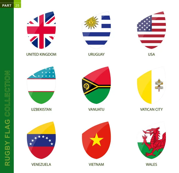 Coleção de bandeiras de rugby. Ícone de rugby com bandeira de 9 países . — Vetor de Stock