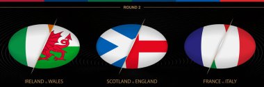 Rugby Tournament round 2, three matches. Ball shaped rugby icon on black background. clipart