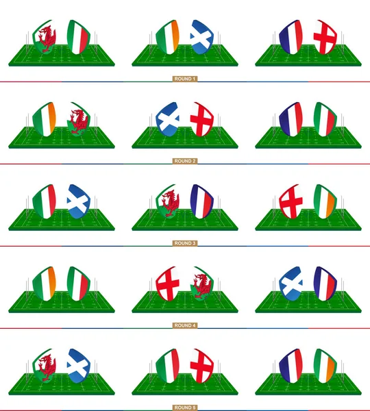 Equipe de rugby País de Gales, Itália, Irlanda, Escócia, França, Inglaterra no campo de rugby verde —  Vetores de Stock