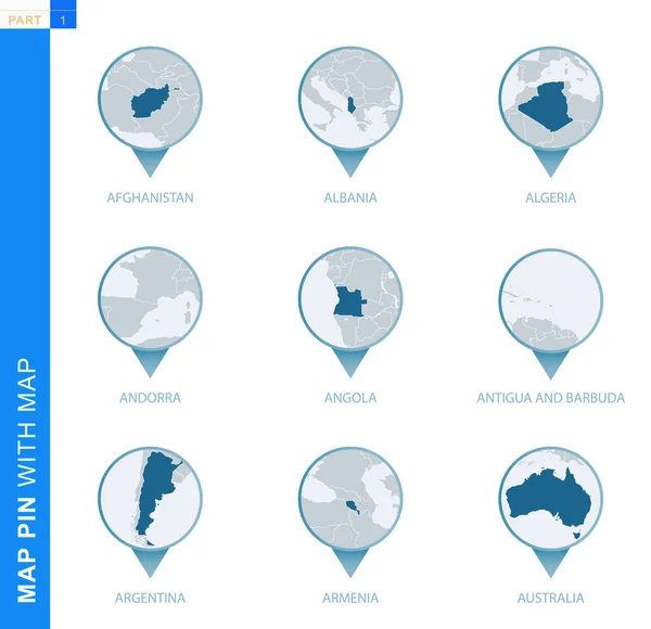 Συλλογή από καρφίτσα χάρτη με λεπτομερή χάρτη και γειτονικές χώρες — Διανυσματικό Αρχείο