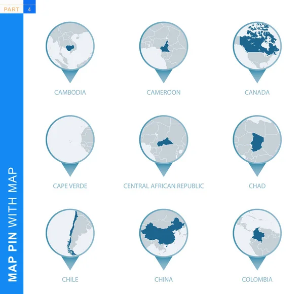 Sammlung von Kartenstecknadeln mit detaillierter Karte und Nachbarländern — Stockvektor