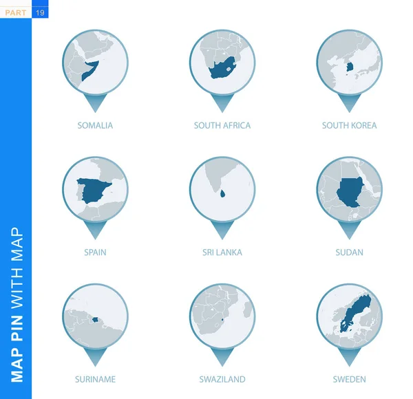 Sammlung von Kartenstecknadeln mit detaillierter Karte und Nachbarländern — Stockvektor