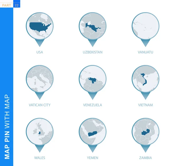 Sammlung von Kartenstecknadeln mit detaillierter Karte und Nachbarländern — Stockvektor