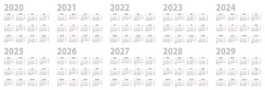 Calendar set in basic design for 2020, 2021, 2022, 2023, 2024, 2025, 2026, 2027, 2028, 2029 years clipart