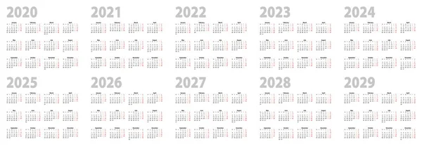 2020 、 2021 、 2022 、 2023 、 2024 、 2025 、 2026 、 2027 、 2028 、 2029年的基本设计日历 — 图库矢量图片