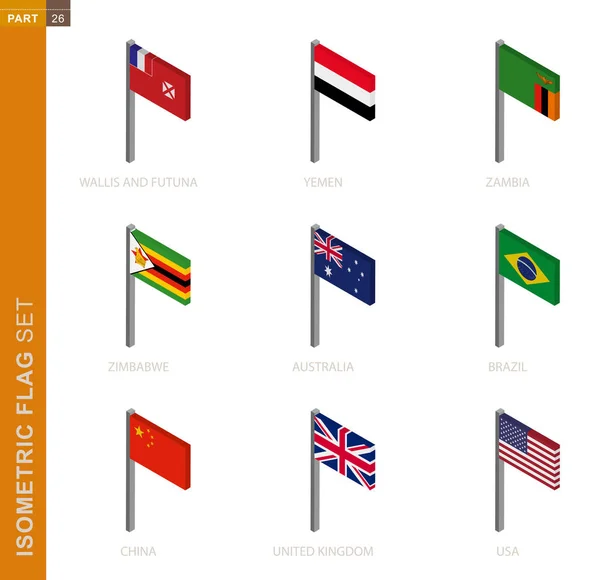 Set de bandera isométrica, asta de la bandera en dimensión isométrica . — Vector de stock