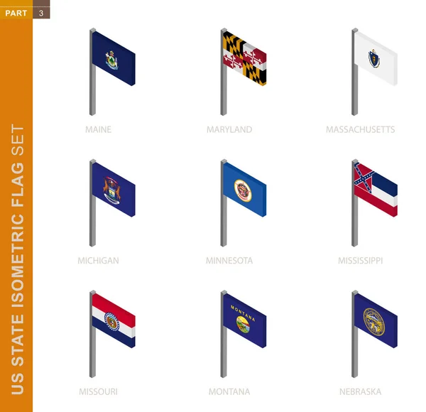 Estados Unidos conjunto de bandera isométrica, asta de la bandera en dimensión isométrica . — Vector de stock