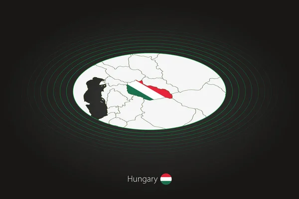 Macaristan haritası koyu renkli, oval harita komşu ülkelerle. — Stok Vektör