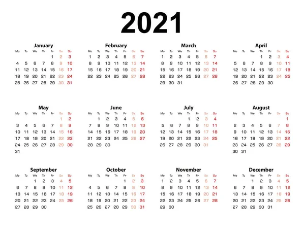 Layout de calendário para 2021 ano, semana começa a partir de segunda-feira . —  Vetores de Stock