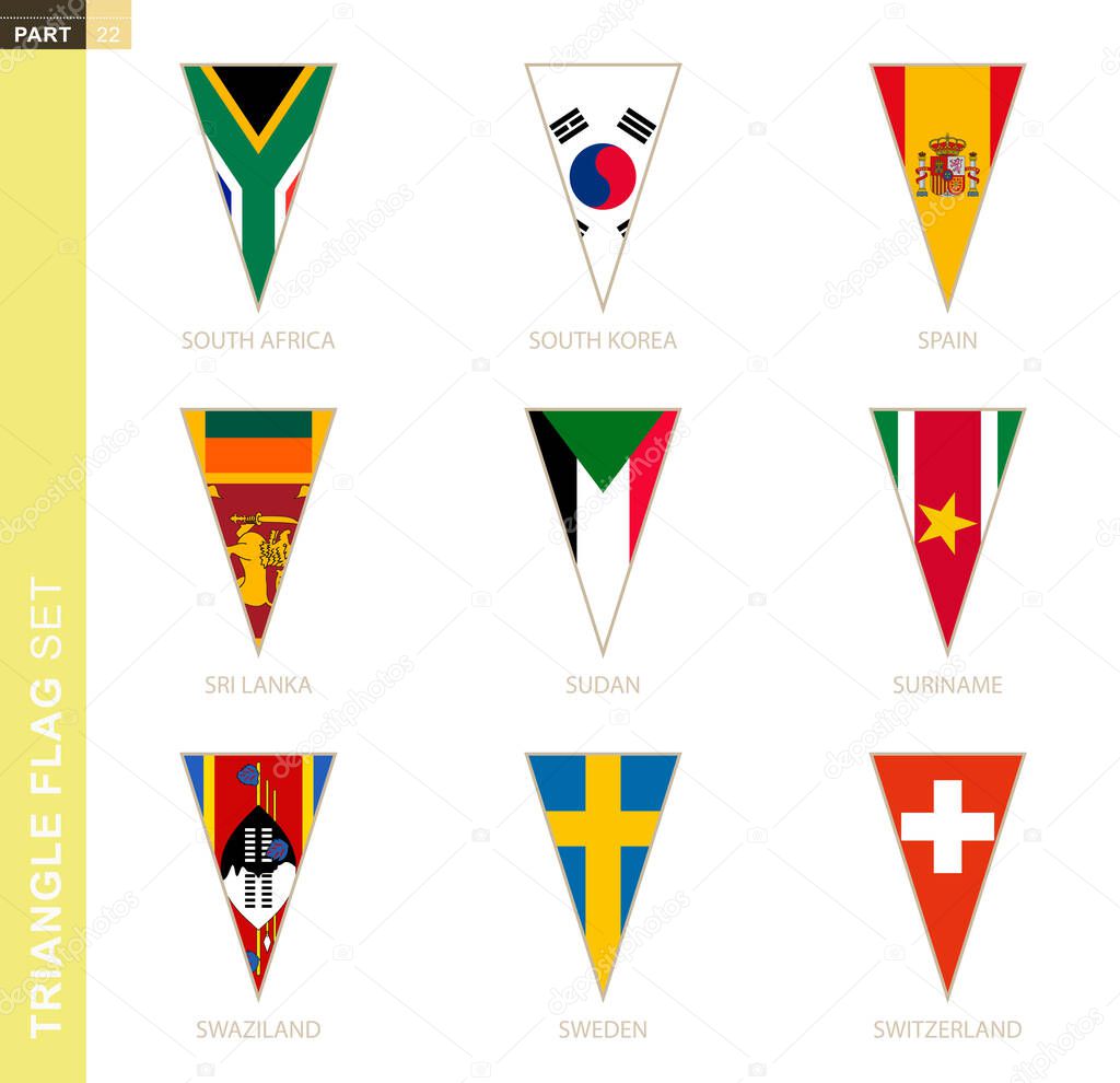 Triangle flag set, stylized country flags of South Africa, South Korea, Spain, Sri Lanka, Sudan, Suriname, Swaziland, Sweden, Switzerland