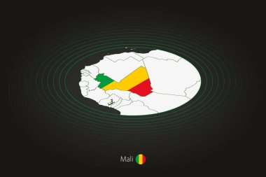 Mali haritası koyu renkli, oval harita komşu ülkelerle. Mali 'nin vektör haritası ve bayrağı