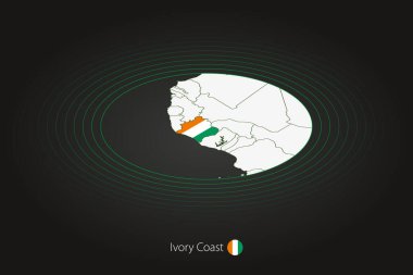 Fildişi Sahil haritası koyu renkli, oval harita komşu ülkelerle. Fildişi Sahili 'nin vektör haritası ve bayrağı