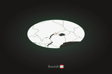 Koyu renkli Burundi haritası, komşu ülkelerle oval harita. Burundi 'nin vektör haritası ve bayrağı