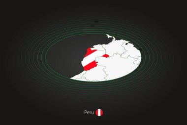 Koyu renkli Peru haritası, komşu ülkelerle oval harita. Peru 'nun vektör haritası ve bayrağı