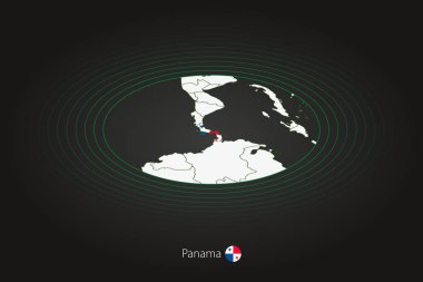 Panama haritası koyu renkli, oval harita komşu ülkelerle. Panama 'nın vektör haritası ve bayrağı