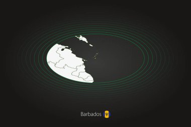 Barbados haritası koyu renkli, oval harita komşu ülkelerle. Barbados 'un vektör haritası ve bayrağı