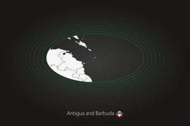 Antigua ve Barbuda haritası koyu renkli, oval harita komşu ülkelerle. Antigua ve Barbuda 'nın vektör haritası ve bayrağı