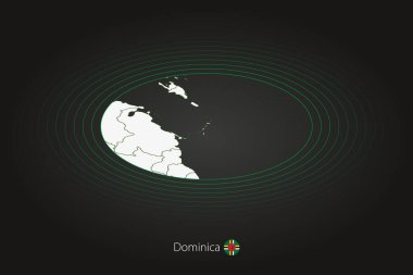 Dominica haritası koyu renkli, oval harita komşu ülkelerle. Dominica 'nın vektör haritası ve bayrağı