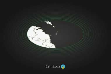 Saint Lucia haritası koyu renkli, oval harita komşu ülkelerle. Aziz Lucia 'nın vektör haritası ve bayrağı