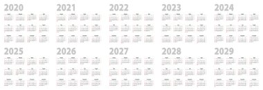 Takvim 2020, 2021, 2022, 2023, 2024, 2025, 2026, 2027, 2028 yılına ayarlandı. İngilizce on yıllık vektör takvimi koleksiyonu, hafta pazar günü başlar.