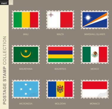 9 bayraklı posta pulu: Mali, Malta, Marshall Adaları, Moritanya, Mauritius, Meksika, Mikronezya, Moldova, Monako