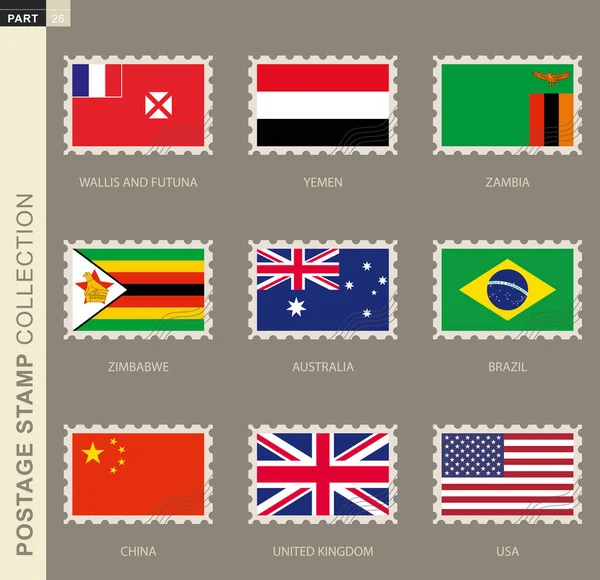 Postage Stamp Flag Collection Flag Australia Brazil China Usa Wallis — Stock Vector
