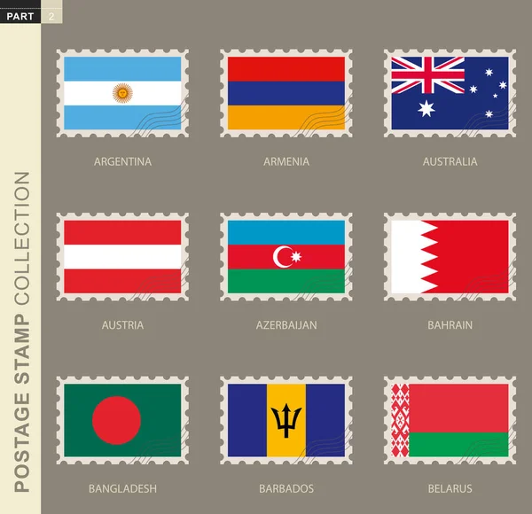 Briefmarke Mit Flagge Sammlung Von Flaggen Argentinien Armenien Australien Österreich — Stockvektor