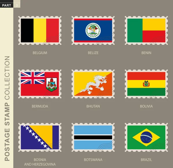 Timbre Poste Avec Drapeau Collection Drapeaux Belgique Belize Bénin Bermudes — Image vectorielle