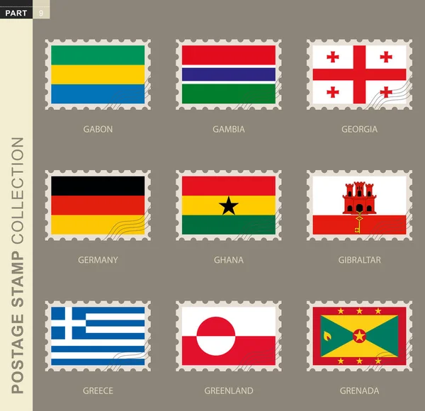 Timbre Poste Avec Drapeau Collection Drapeaux Gabon Gambie Géorgie Allemagne — Image vectorielle