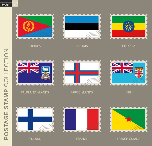 Timbre Poste Avec Drapeau Collection Drapeaux Érythrée Estonie Éthiopie Îles — Image vectorielle