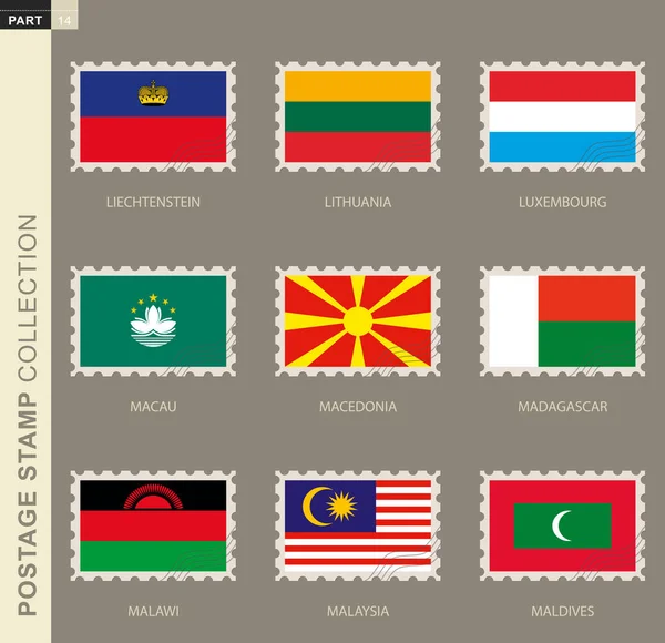 Timbre Poste Avec Drapeau Collection Drapeaux Liechtenstein Lituanie Luxembourg Macao — Image vectorielle