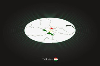 Tacikistan haritası koyu renkli, oval harita komşu ülkelerle. Tacikistan 'ın vektör haritası ve bayrağı