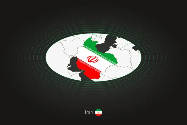 イラン地図暗い色 近隣諸国との楕円形の地図 ベクトルマップとイランの旗 — ストックベクタ