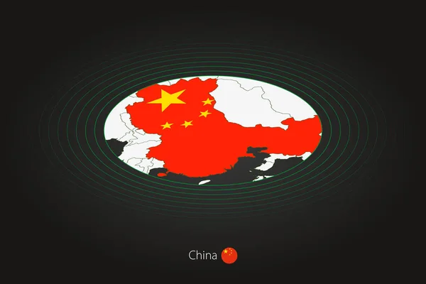 暗い色の中国地図 近隣諸国との楕円形の地図 ベクトルマップと中国の旗 — ストックベクタ