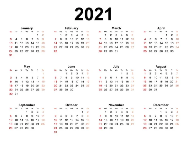 Kalender Lay Out Voor 2021 Jaar Week Begint Vanaf Zondag — Stockvector