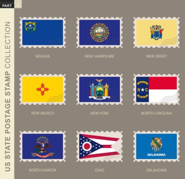 Postage stamp with USA States flag, collection of 9 US states flag: Nevada, New Hampshire, New Jersey, New Mexico, New York, North Carolina, North Dakota, Ohio, Oklahoma