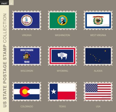 Postage stamp with USA States flag, collection of 9 US states flag: Virginia, Washington, West Virginia, Wisconsin, Wyoming, Alaska, Colorado, Texas, USA