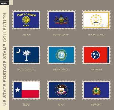 Postage stamp with USA States flag, collection of 9 US states flag: Oregon, Pennsylvania, Rhode Island, South Carolina, South Dakota, Tennessee, Texas, Utah, Vermont