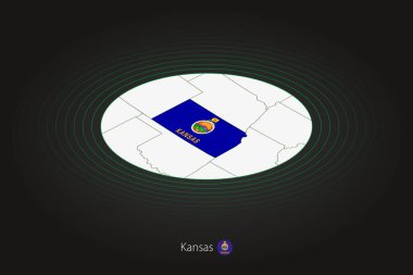 Kansas haritası koyu renkli, oval harita komşu Amerika eyaletleriyle. Kansas eyaletinin vektör haritası ve bayrağı