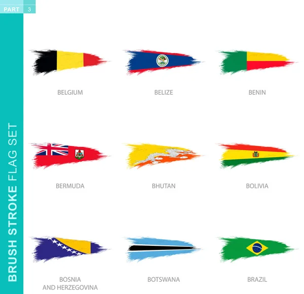 Vector Brush Stroke Flag Set Nine Grunge Flag Belgium Belize — Stockvector