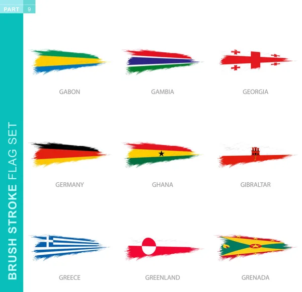 Vector Brush Stroke Flag Set Nueve Grunge Flag Gabón Gambia — Vector de stock