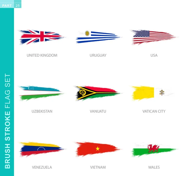 Conjunto Bandeira Pincel Vetorial Nove Bandeira Grunge Reino Unido Uruguai — Vetor de Stock