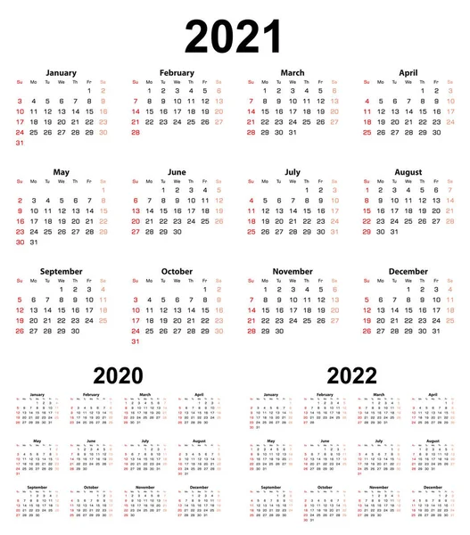 Calendário Básico Para Anos 2021 2020 2022 Semana Começa Domingo —  Vetores de Stock