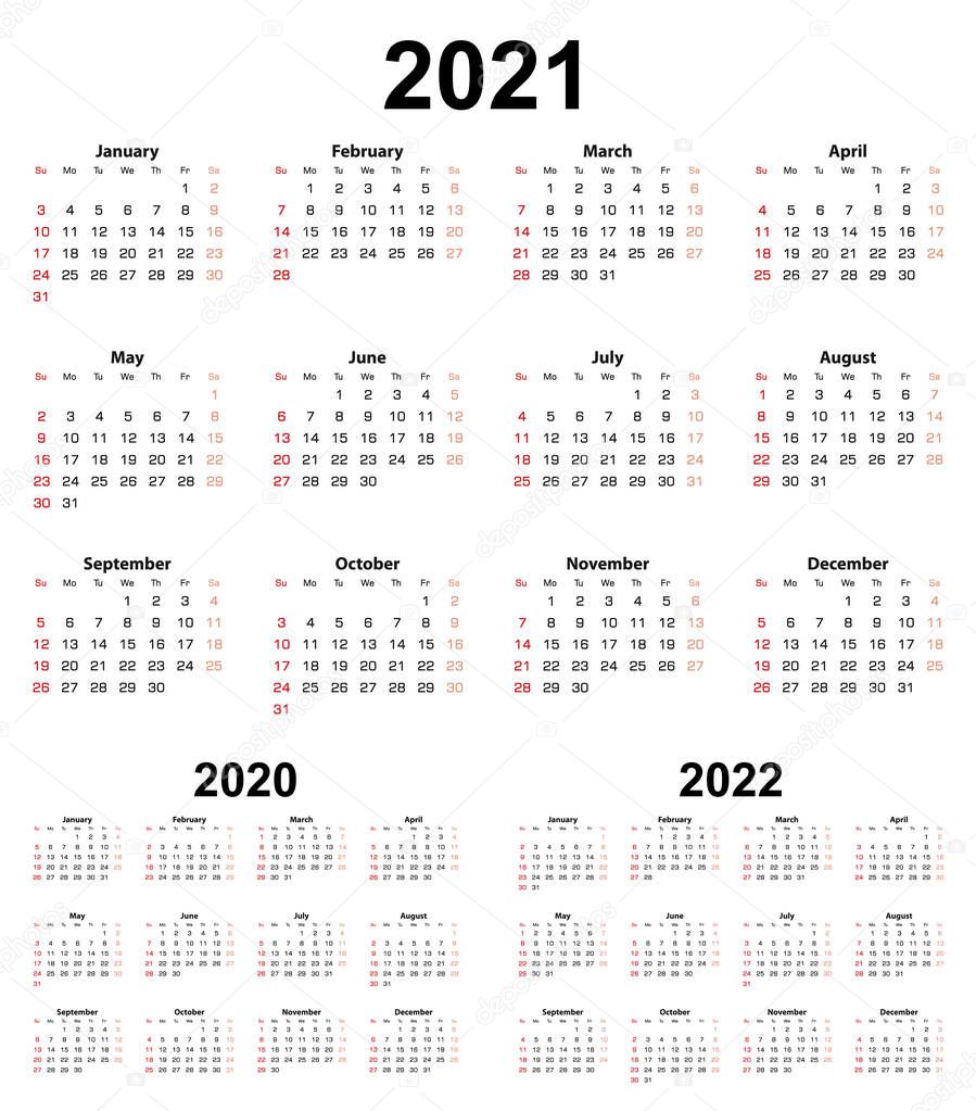 Basic calendar for year 2021 and 2020, 2022. Week starts on Sunday. Basic English Calendar.