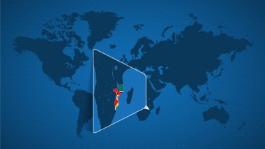 Mozambik ve komşu ülkelerin genişletilmiş haritalarıyla detaylı bir dünya haritası. Mozambik bayrağı ve haritası.