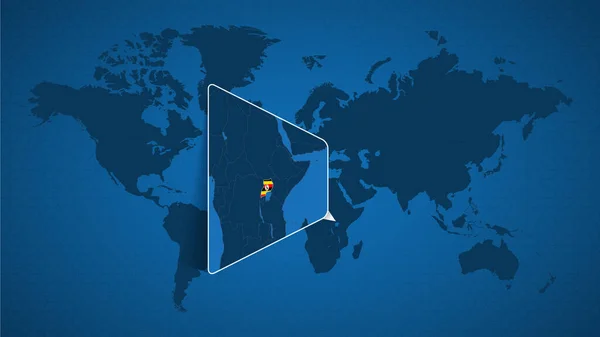Подробная Карта Мира Приколотой Расширенной Картой Уганды Соседних Стран Флаг — стоковый вектор