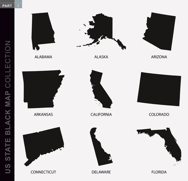Colección Mapas Negros Estados Unidos Mapas Negros Contorno Colección Mapas — Vector de stock