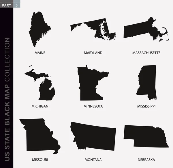 Black Map Collection Usa States Black Contour Maps Inglês State —  Vetores de Stock